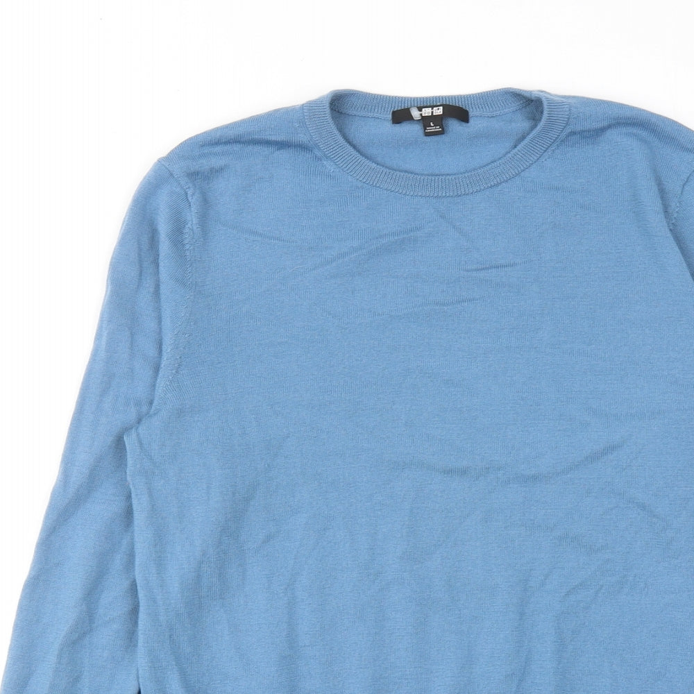 Uniqlo Mens Blue Round Neck Wool Pullover Jumper Size L Long Sleeve