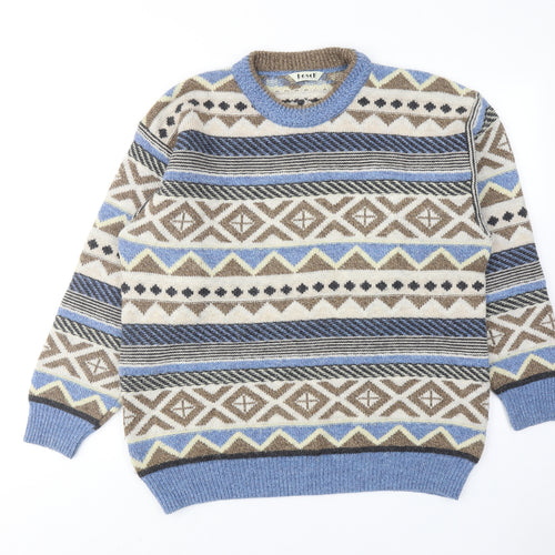 Bosch Mens Blue Round Neck Geometric Acrylic Pullover Jumper Size L Long Sleeve