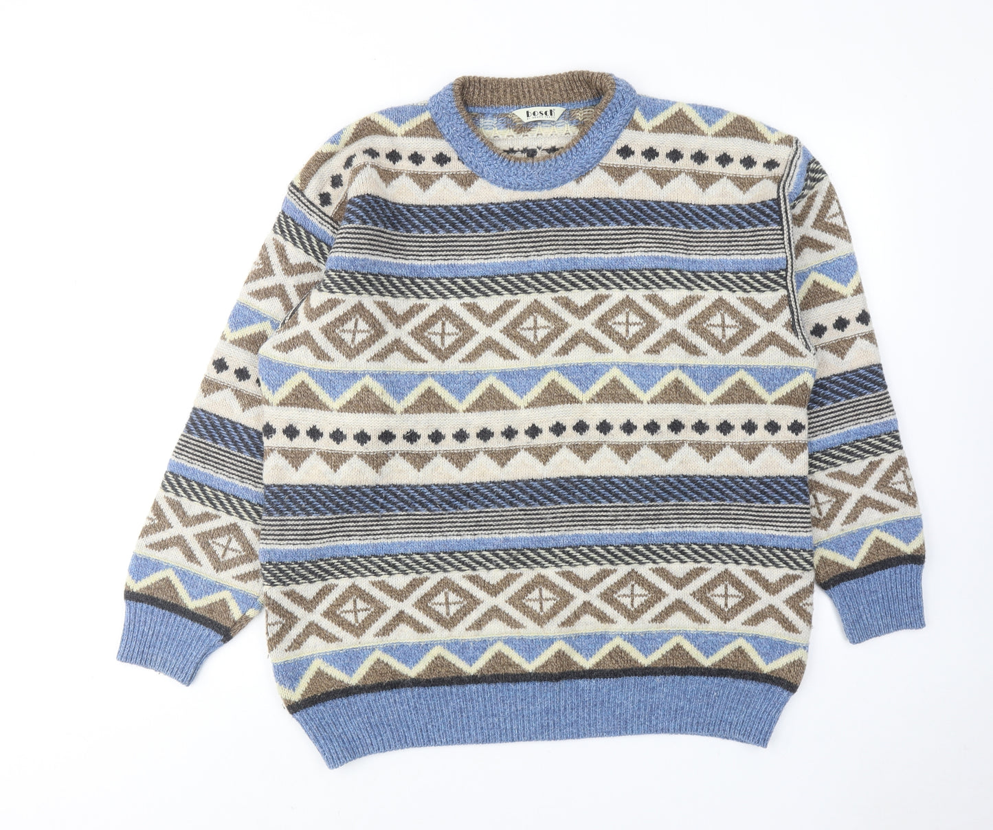 Bosch Mens Blue Round Neck Geometric Acrylic Pullover Jumper Size L Long Sleeve