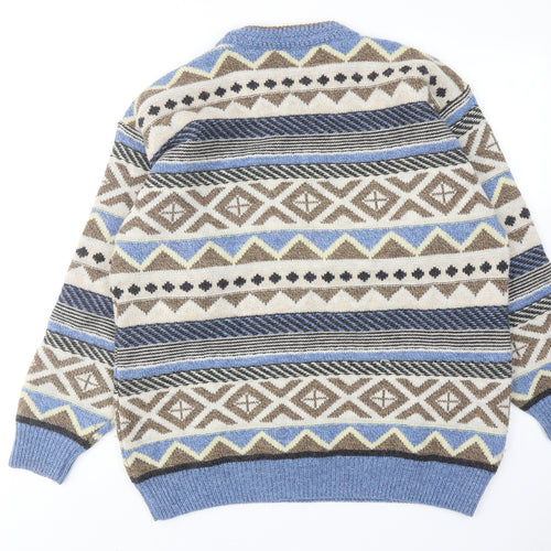Bosch Mens Blue Round Neck Geometric Acrylic Pullover Jumper Size L Long Sleeve