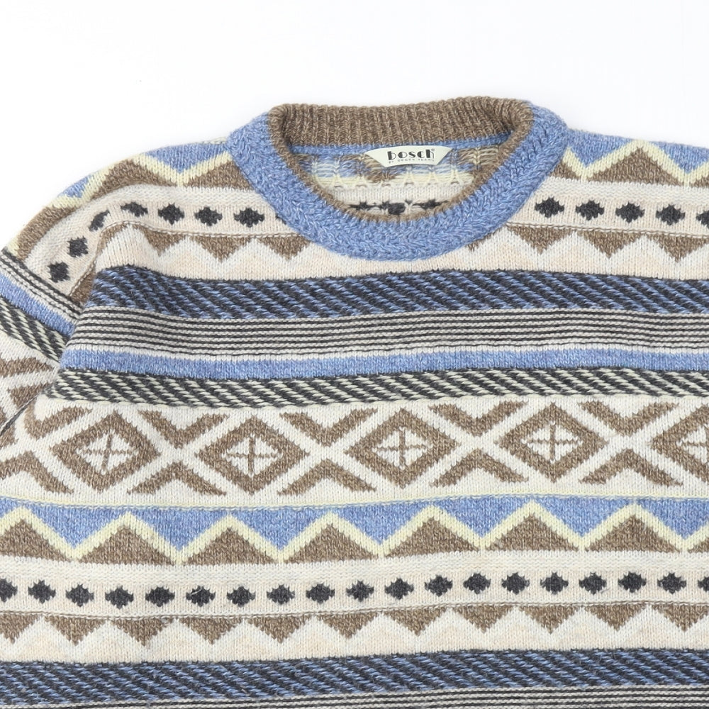 Bosch Mens Blue Round Neck Geometric Acrylic Pullover Jumper Size L Long Sleeve