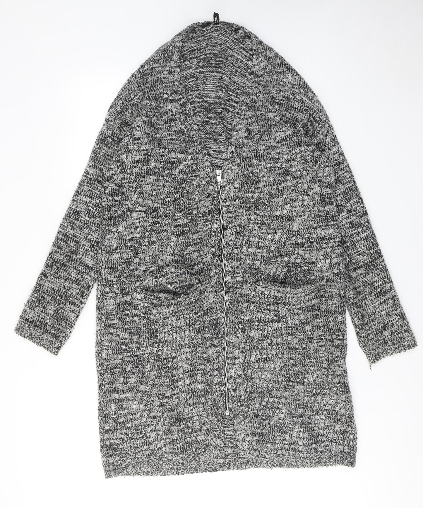 H&M Womens Grey V-Neck Acrylic Full Zip Jumper Size S