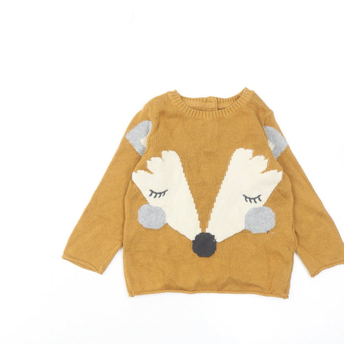 Marks and Spencer Boys Yellow Cotton Pullover Jumper Size 12-18 Months Button - Cute Fox