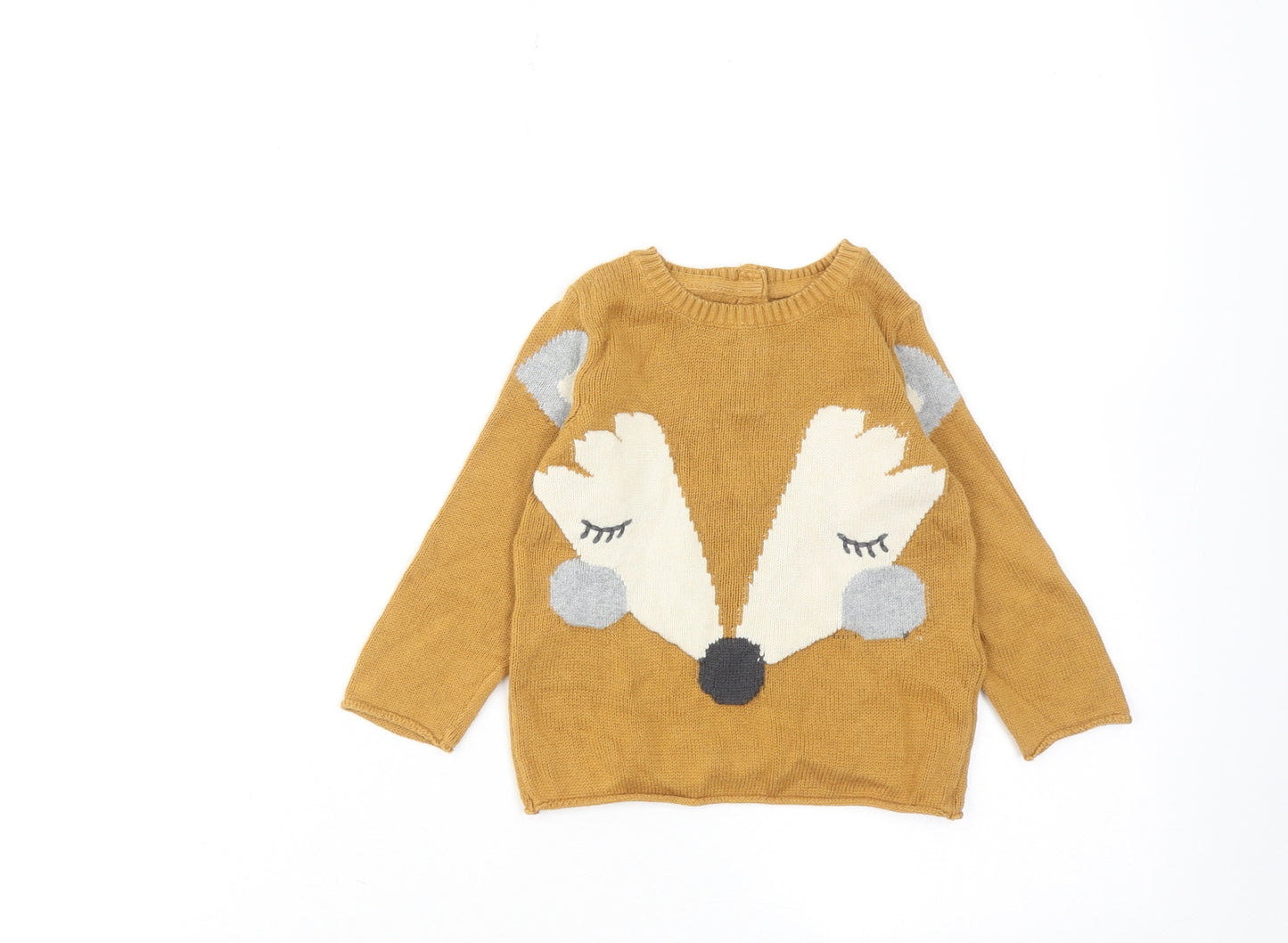 Marks and Spencer Boys Yellow Cotton Pullover Jumper Size 12-18 Months Button - Cute Fox