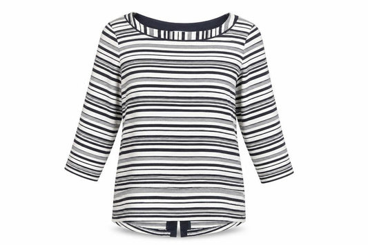 Front view of Per Una women’s multicoloured striped viscose basic blouse, size UK 12, round neck