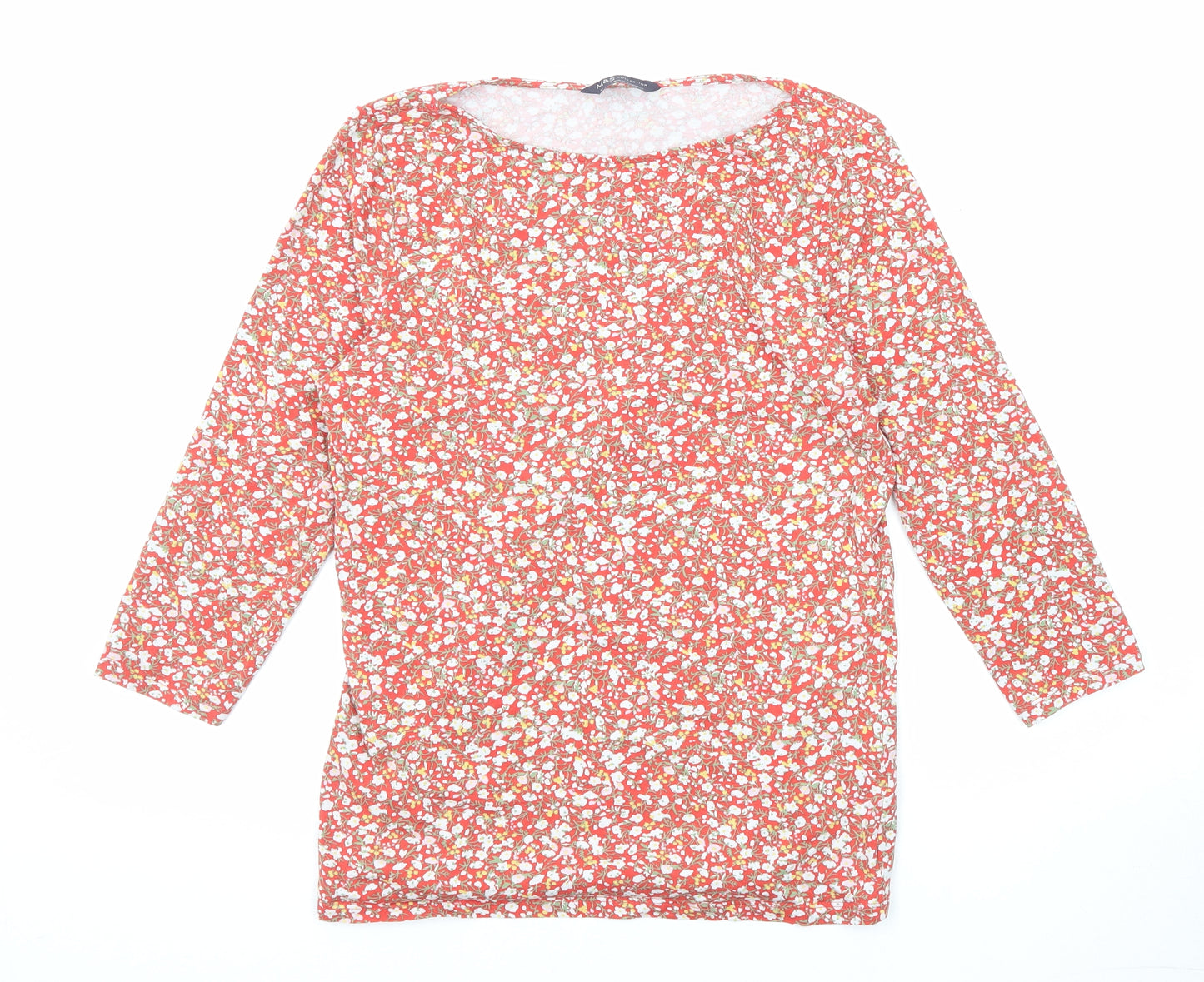 Marks and Spencer Womens Red Floral Cotton Basic Blouse Size 12 Round Neck