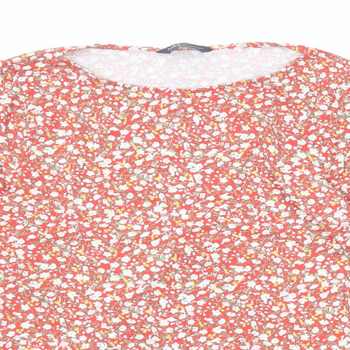 Marks and Spencer Womens Red Floral Cotton Basic Blouse Size 12 Round Neck
