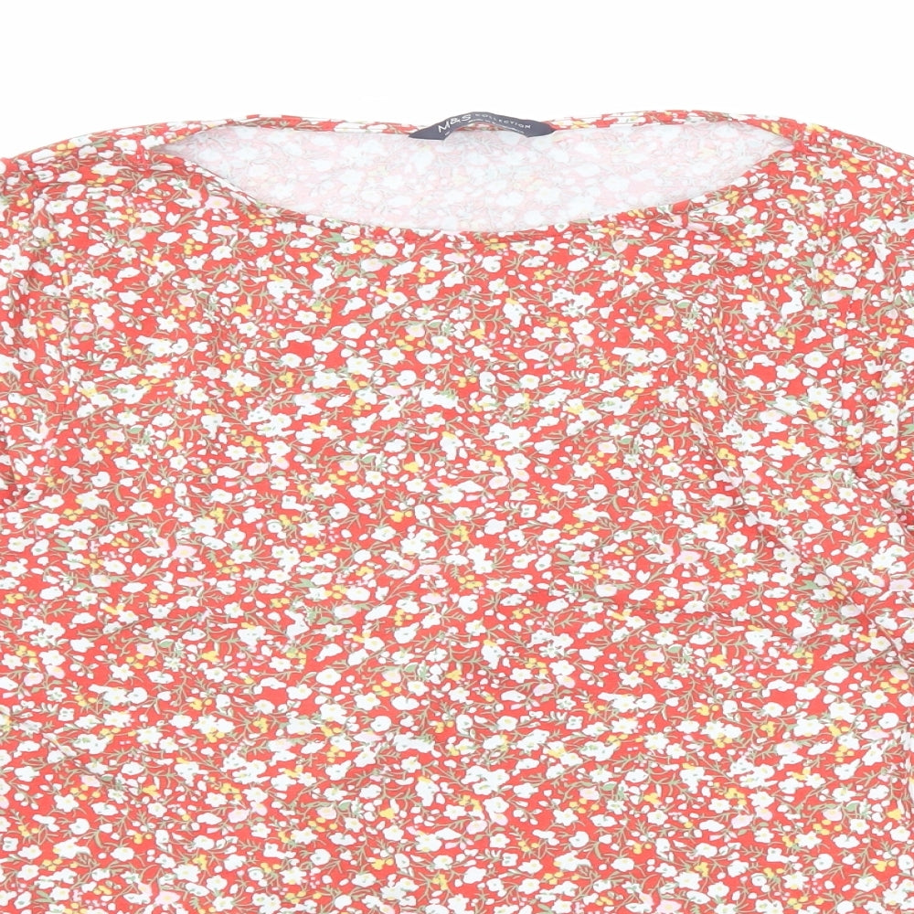 Marks and Spencer Womens Red Floral Cotton Basic Blouse Size 12 Round Neck
