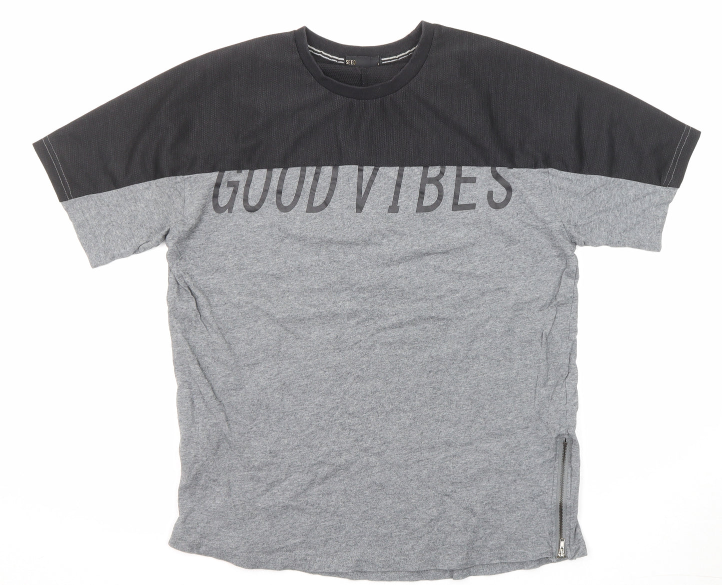 Seed Mens Grey Colourblock Cotton T-Shirt Size L Crew Neck Zip - Good vibes