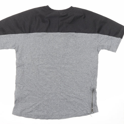 Seed Mens Grey Colourblock Cotton T-Shirt Size L Crew Neck Zip - Good vibes