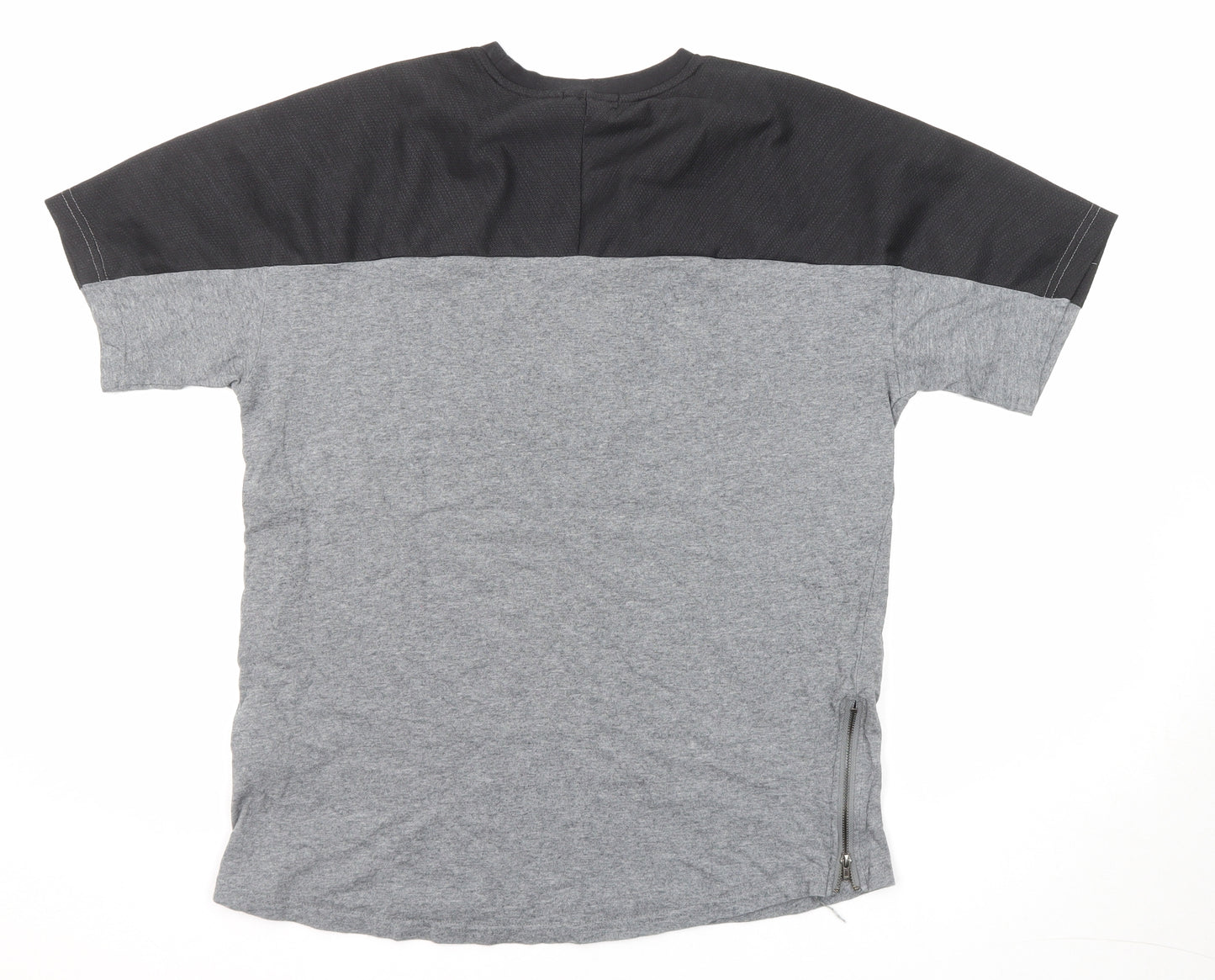 Seed Mens Grey Colourblock Cotton T-Shirt Size L Crew Neck Zip - Good vibes