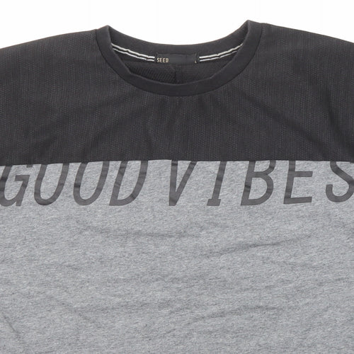 Seed Mens Grey Colourblock Cotton T-Shirt Size L Crew Neck Zip - Good vibes