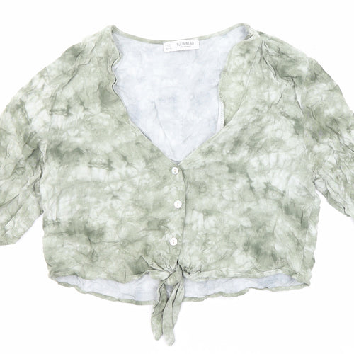 Pull&Bear Womens Green Geometric Viscose Cropped Button-Up Size S V-Neck