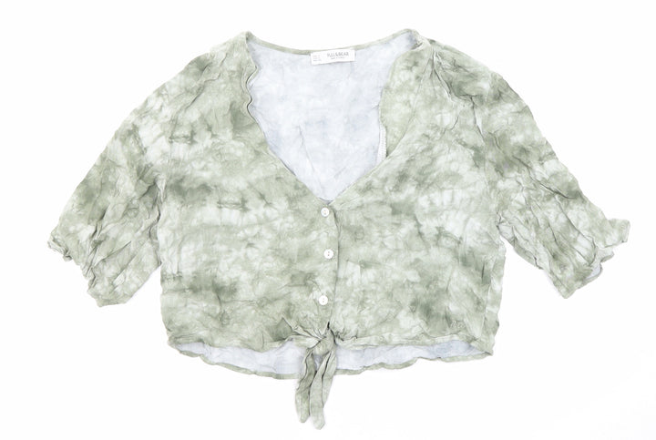 Pull&Bear Womens Green Geometric Viscose Cropped Button-Up Size S V-Neck