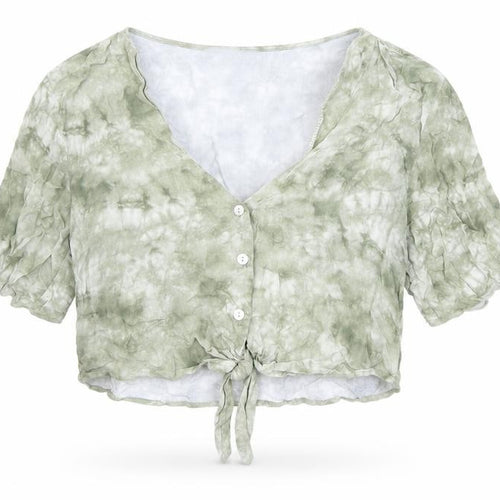 Pull&Bear Womens Green Geometric Viscose Cropped Button-Up Size S V-Neck