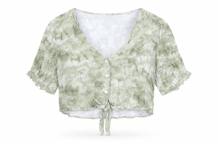 Pull&Bear Womens Green Geometric Viscose Cropped Button-Up Size S V-Neck