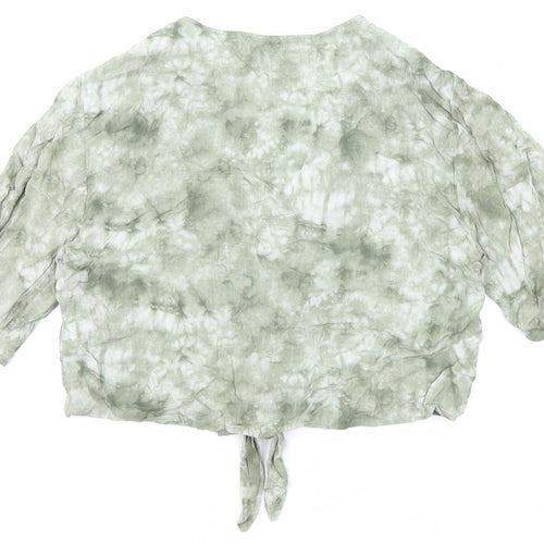 Pull&Bear Womens Green Geometric Viscose Cropped Button-Up Size S V-Neck