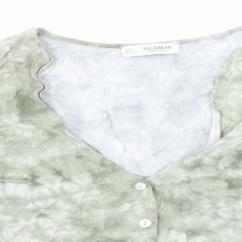 Pull&Bear Womens Green Geometric Viscose Cropped Button-Up Size S V-Neck