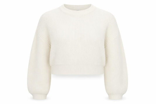 Front view of Divided by H&M women’s ivory round neck acrylic jumper, size M, - cropped