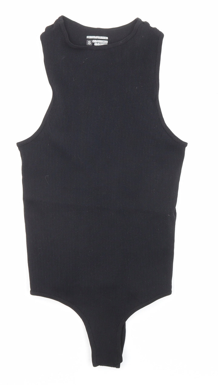 PRETTYLITTLETHING Womens Black Polyamide Bodysuit One-Piece Size S Snap