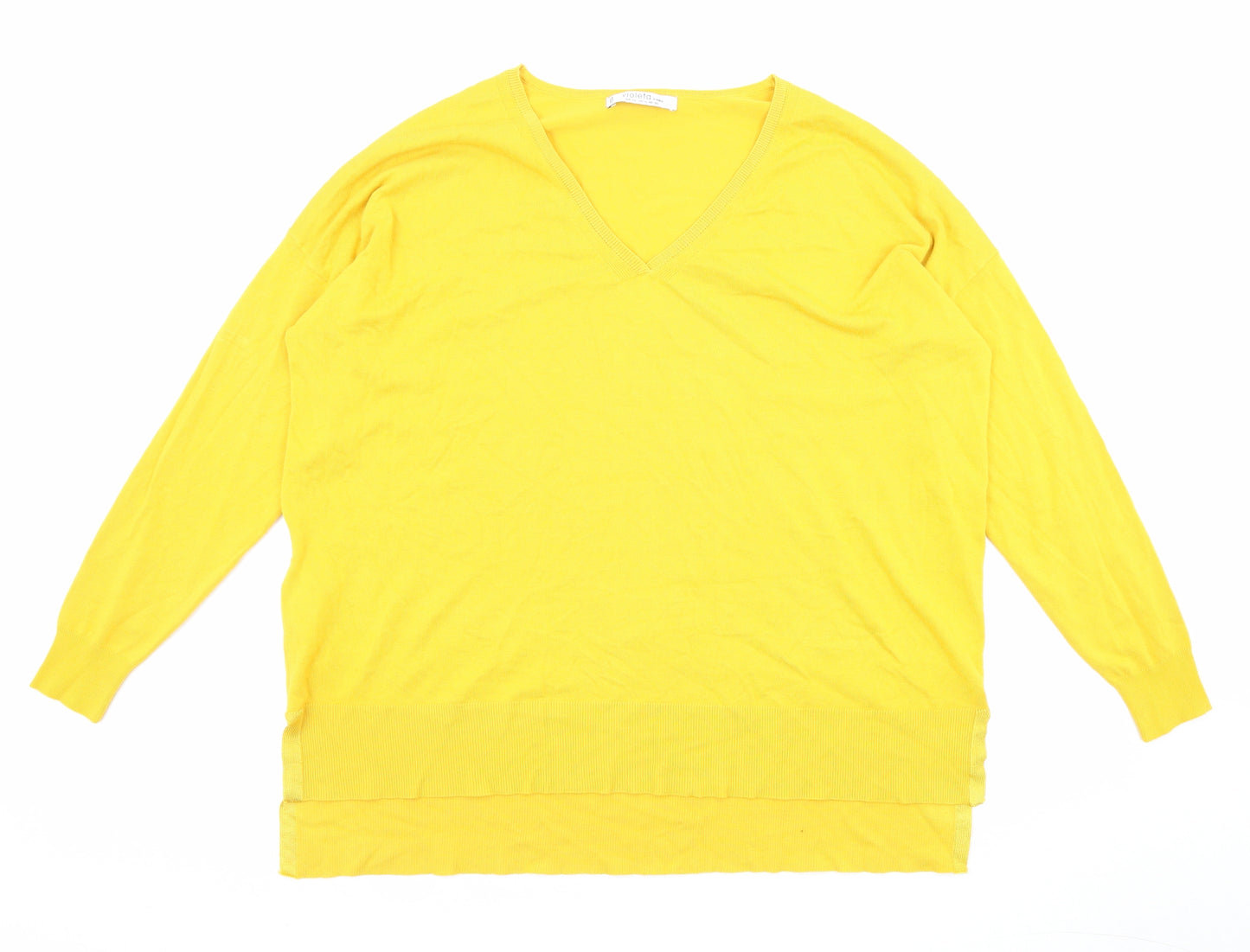 Violeta Womens Yellow V-Neck Viscose Pullover Jumper Size 2XL