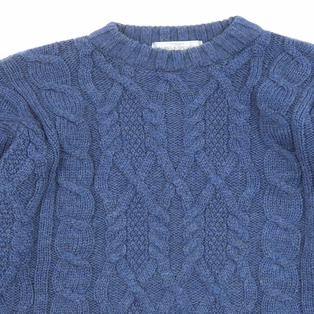 Marks and Spencer Mens Blue Round Neck Wool Pullover Jumper Size M Long Sleeve