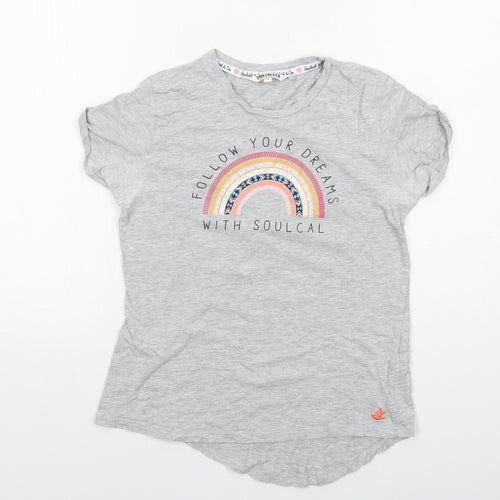 SoulCal&Co Girls Grey Cotton Basic T-Shirt Size 13 Years Round Neck Pullover - Rainbow Follow Your Dreams