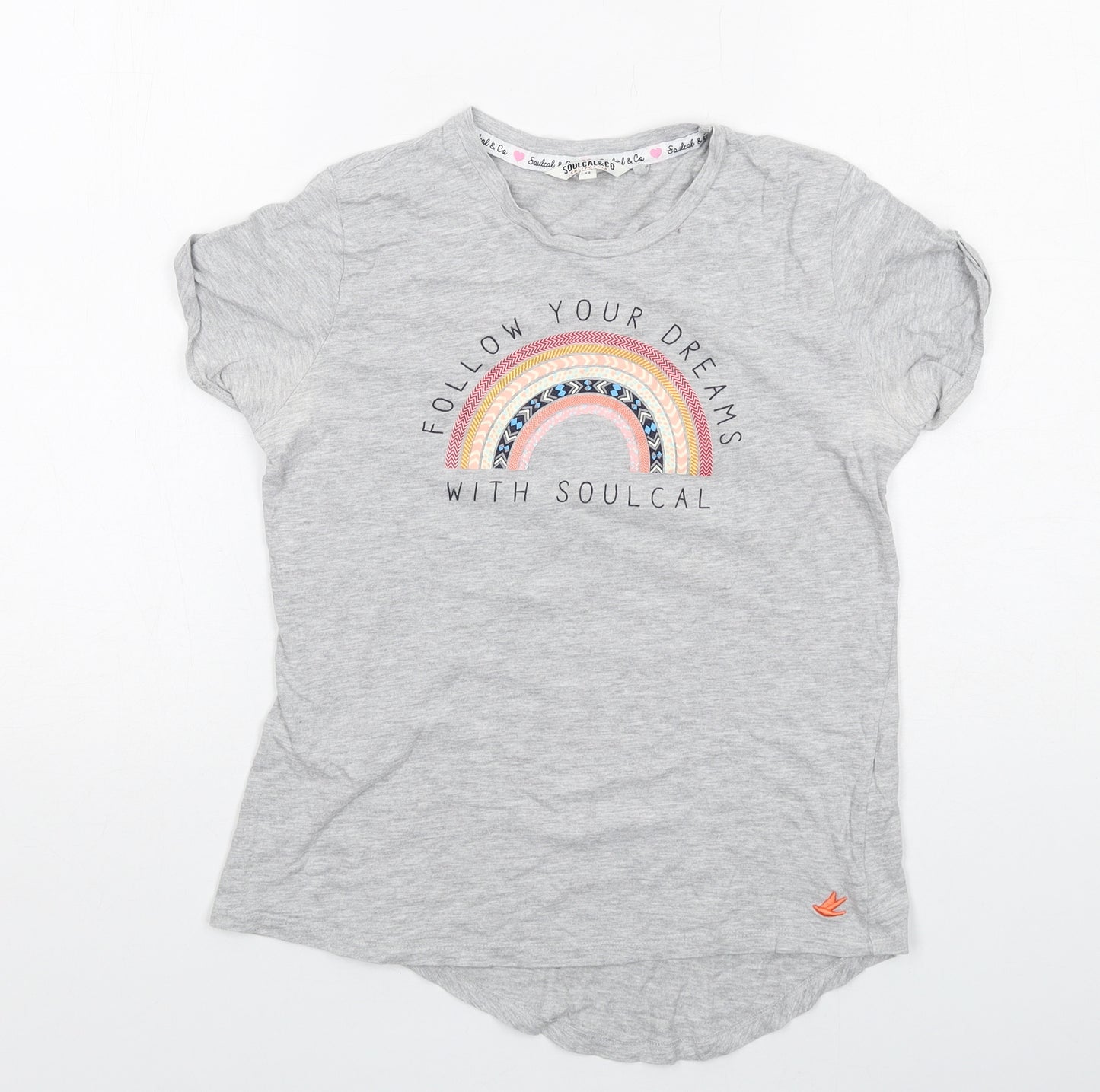 SoulCal&Co Girls Grey Cotton Basic T-Shirt Size 13 Years Round Neck Pullover - Rainbow Follow Your Dreams
