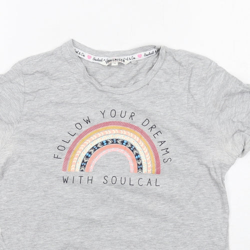 SoulCal&Co Girls Grey Cotton Basic T-Shirt Size 13 Years Round Neck Pullover - Rainbow Follow Your Dreams
