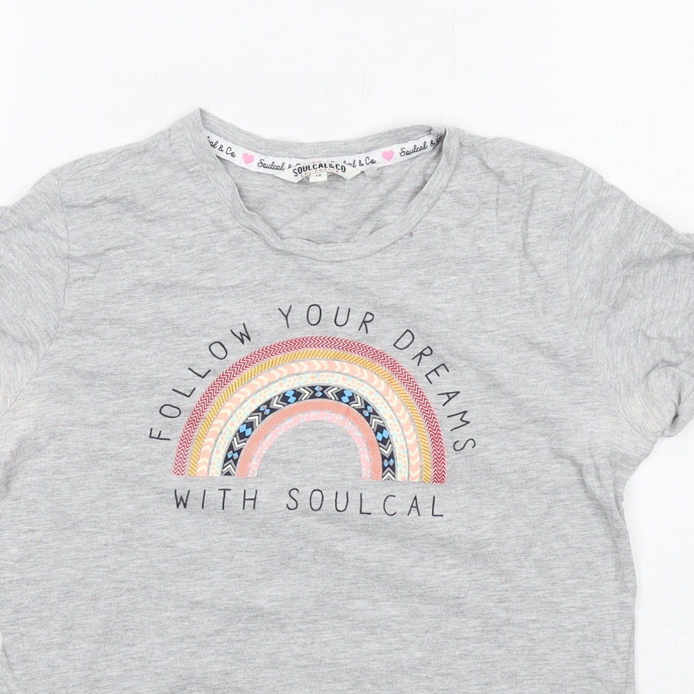 SoulCal&Co Girls Grey Cotton Basic T-Shirt Size 13 Years Round Neck Pullover - Rainbow Follow Your Dreams