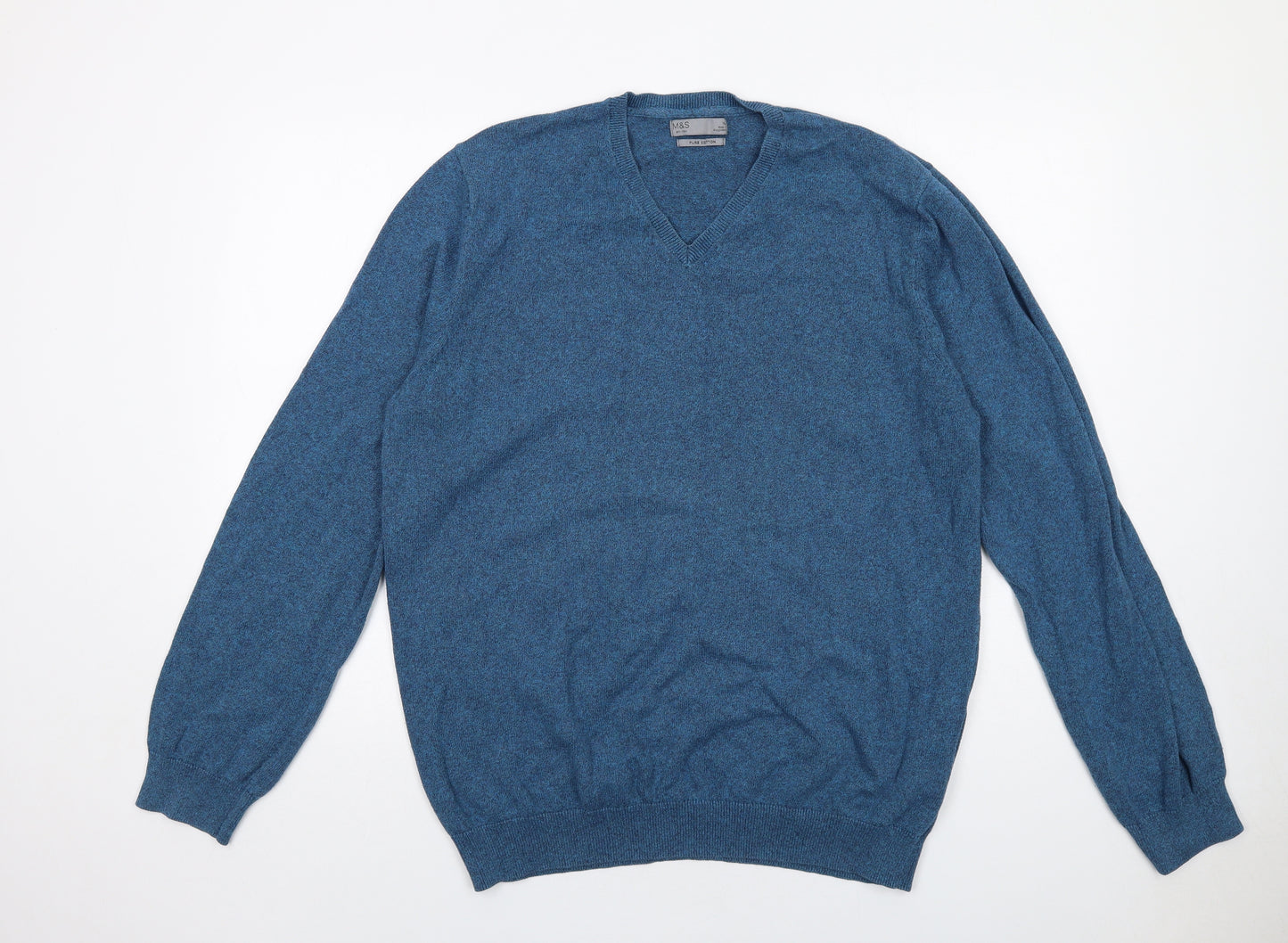 Marks and Spencer Mens Blue V-Neck Cotton Pullover Jumper Size XS Long Sleeve