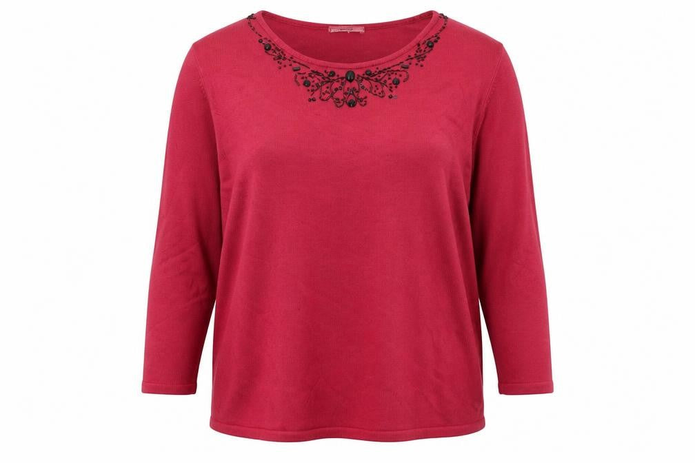 Front view of Classics women’s pink round neck acrylic jumper, size UK 22