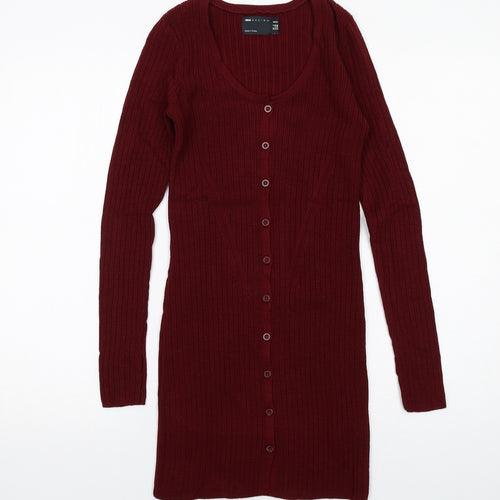ASOS Womens Red Acrylic Jumper Dress Size 2 Scoop Neck Button