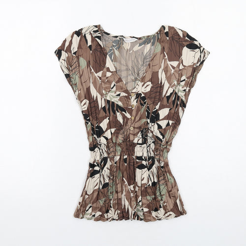 Marks and Spencer Womens Brown Geometric Polyester Basic Blouse Size 10 V-Neck