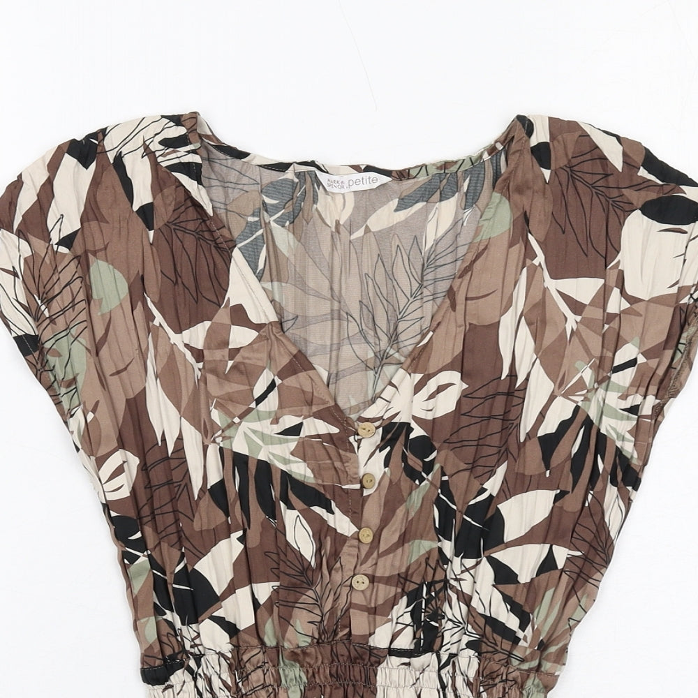 Marks and Spencer Womens Brown Geometric Polyester Basic Blouse Size 10 V-Neck