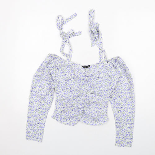 Boohoo Womens White Floral Polyester Cropped Blouse Size 6 V-Neck - Cold Shoulder