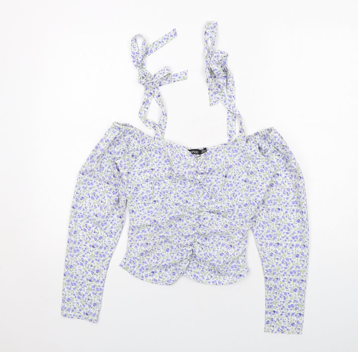 Boohoo Womens White Floral Polyester Cropped Blouse Size 6 V-Neck - Cold Shoulder