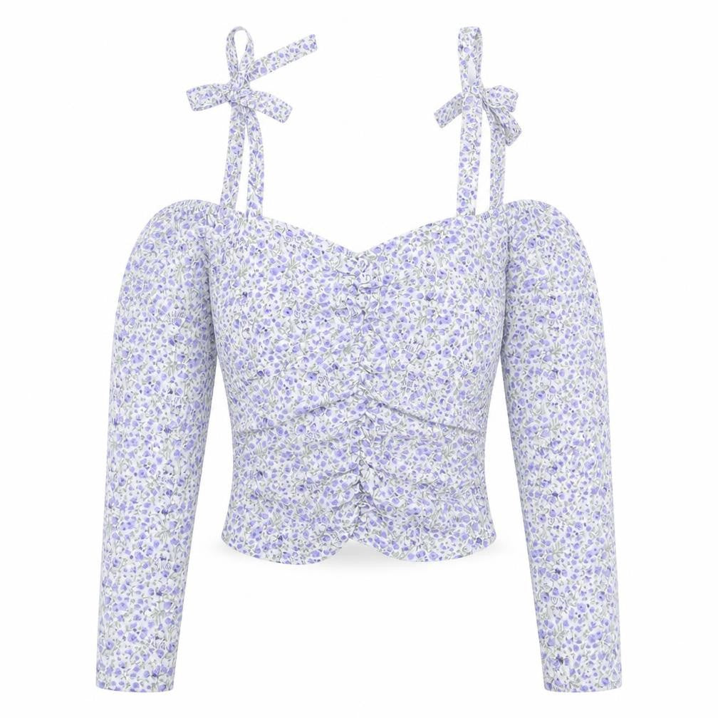 Boohoo Womens White Floral Polyester Cropped Blouse Size 6 V-Neck - Cold Shoulder