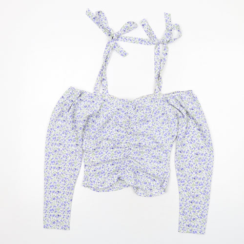 Boohoo Womens White Floral Polyester Cropped Blouse Size 6 V-Neck - Cold Shoulder