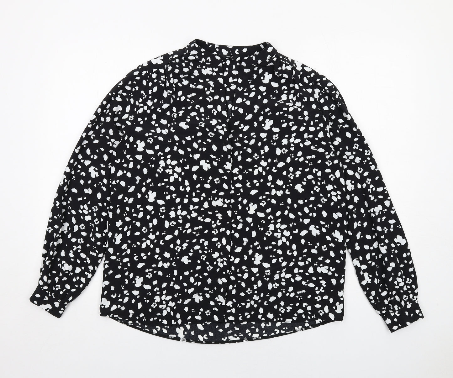 M&Co Womens Black Geometric Polyester Basic Button-Up Size 12 Round Neck