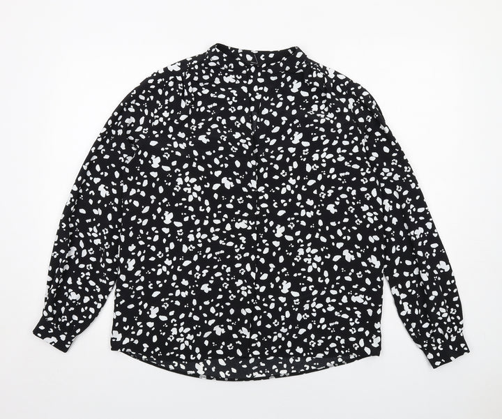 M&Co Womens Black Geometric Polyester Basic Button-Up Size 12 Round Neck
