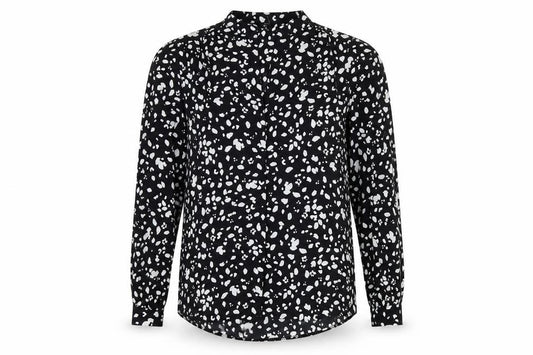 Front view of M&Co women’s black geometric polyester basic button-up, size UK 12, round neck