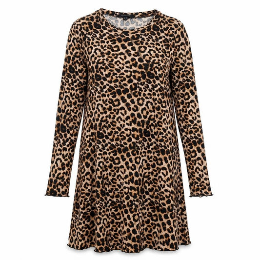 Front view of New Look women’s brown animal print polyester ball gown, size UK 10, round neck pullover - leopard pattern