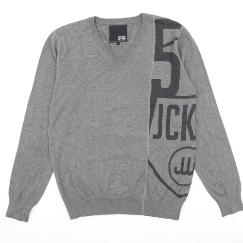 JACK & JONES Mens Grey V-Neck Cotton Pullover Jumper Size L Long Sleeve