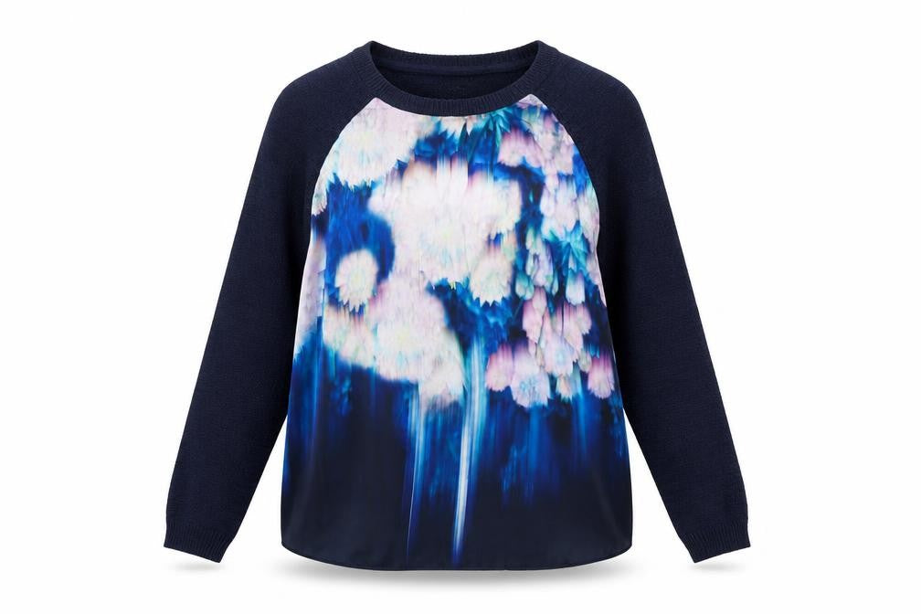 Front view of Butterfly women’s blue round neck polyester jumper, size UK 14