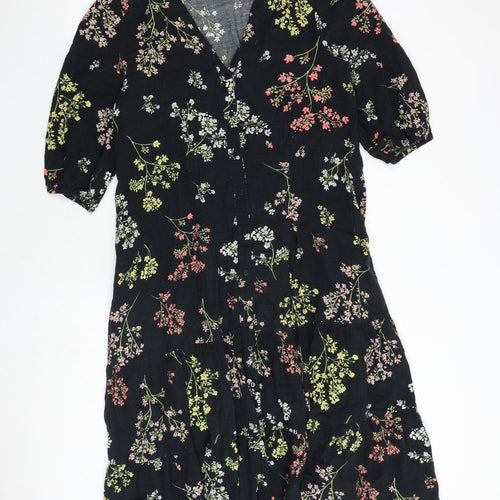 And/Or Womens Black Floral Polyester A-Line Size 10 V-Neck Button