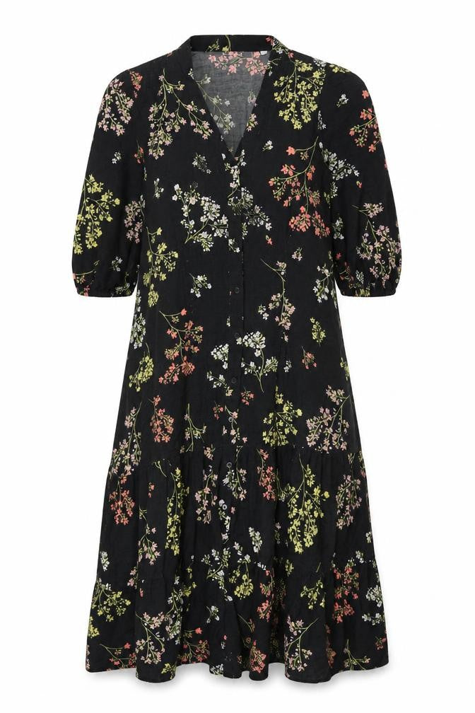 Front view of And/Or women’s black floral polyester a-line, size UK 10, v-neck button
