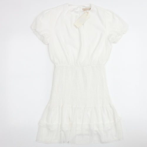 Voyelles Womens White Polyester Mini Size M Round Neck Button