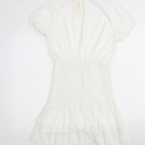 Voyelles Womens White Polyester Mini Size M Round Neck Button