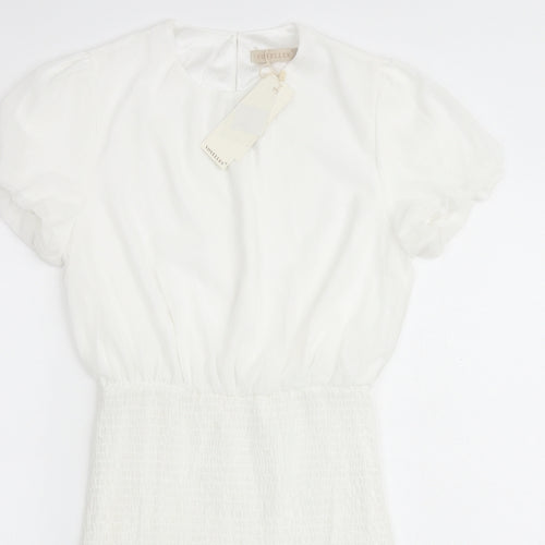 Voyelles Womens White Polyester Mini Size M Round Neck Button